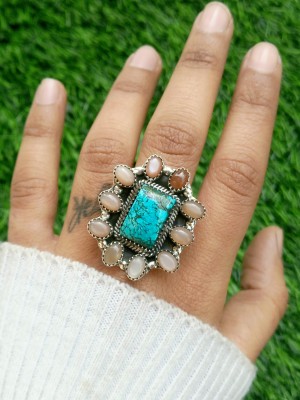 925 Sterling silver jewelry with semi precious stones Turquoise, Peach moonstone RING-1196