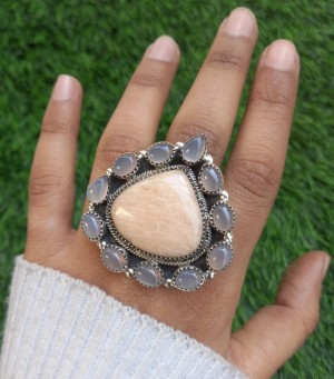 925 Sterling silver jewelry with semi precious stones Peach Amazonite,Rose Quartz RING-1212