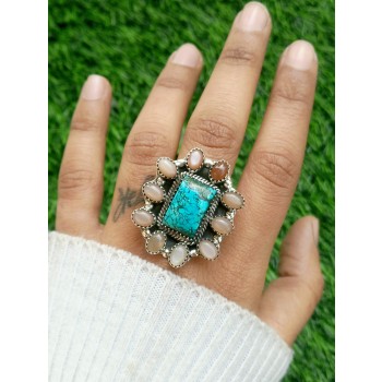 925 Sterling silver jewelry with semi precious stones Turquoise, Peach moonstone RING-1196