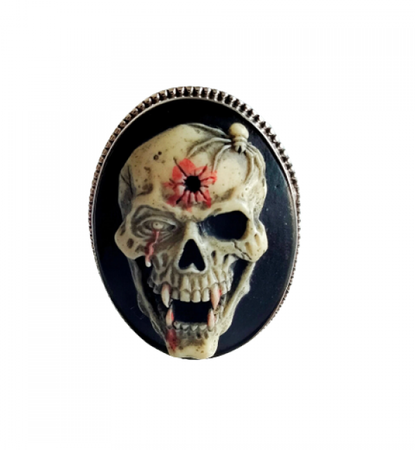 Hand Painted Resin Skull Bone Cameo Ring 925 Sterling Silver Ring-108