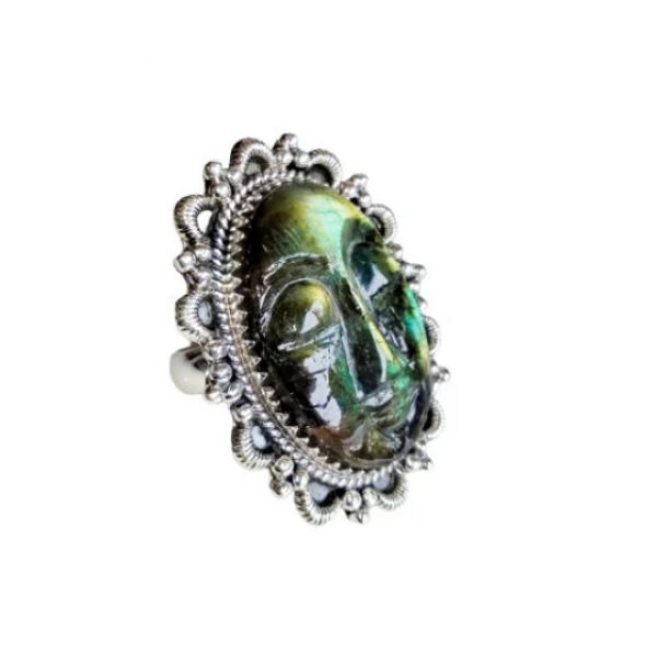 Labradorite Carved Face Ring 925 Sterling Silver Ring-200