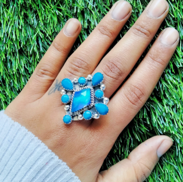 925 Sterling Silver Aurora Opal and Turquoise Ring Ring-217