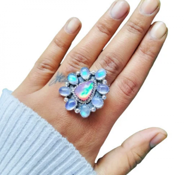 Aurora Opal and Rainbow Moonstone Ring 925 Sterling Silver MJ_SKU_227