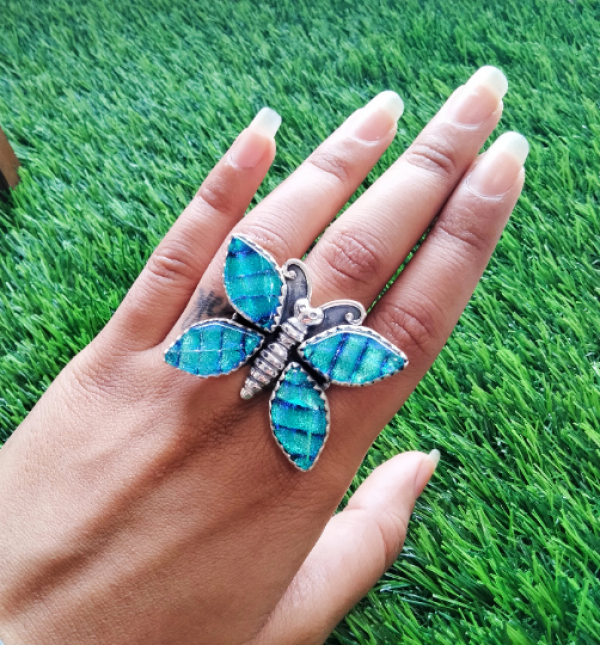 Dichroic Glass Butterfly Ring 925 Sterling Silver MJ_SKU_12