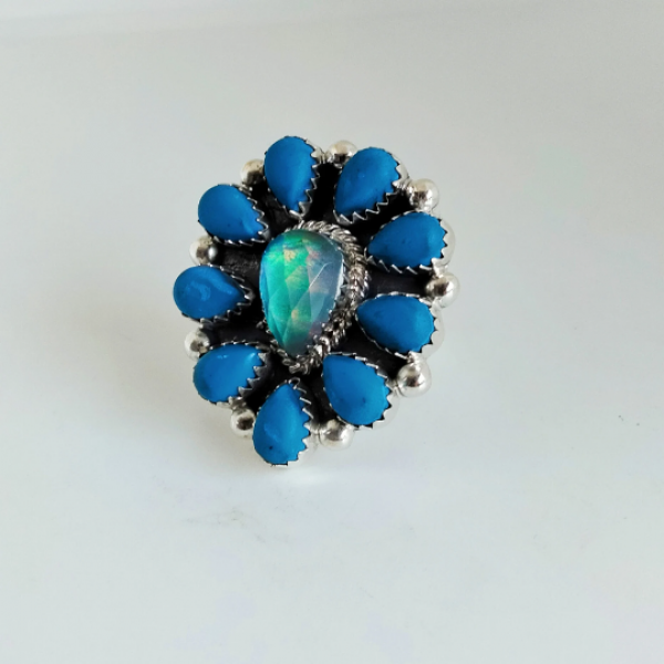 Aurora Opal and Turquoise Ring 925 Sterling Silver Ring-219