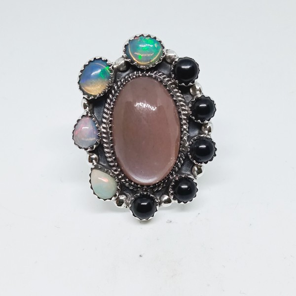 Peach Moonstone,Black Onyx,Opal Ring RING-1211