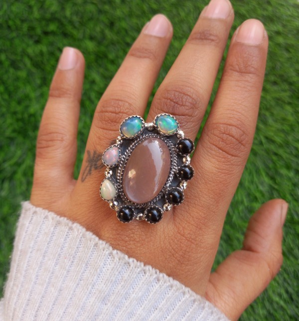 Peach Moonstone,Black Onyx,Opal Ring RING-1211