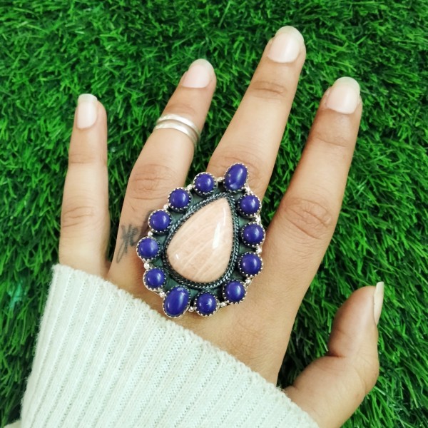Peach Amazonite,Lapis Ring RING-811