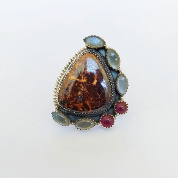 Boulder Opal,Moonstone Pink Jade Ring RING-829