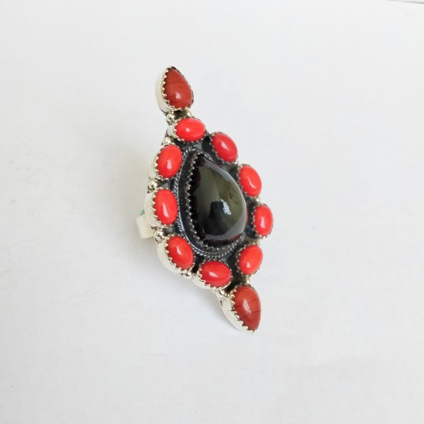 Rainbow Obsidian.Coral Ring RING-837