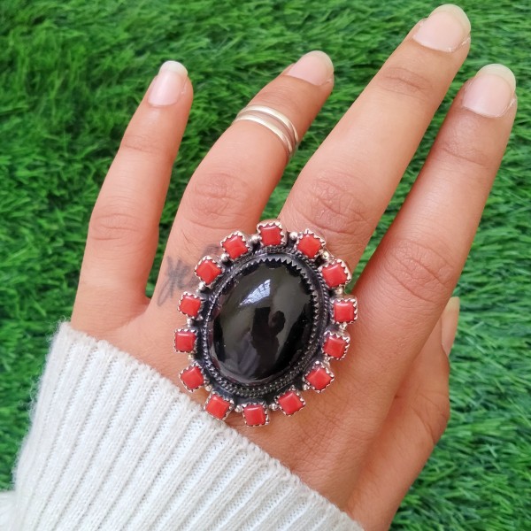Rainbow Obsidian,Coral Ring RING-841