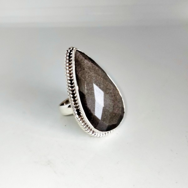 Faceted silver Obsidian Ring RING-352