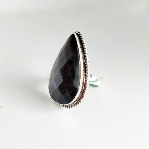 Faceted silver Obsidian Ring RING-352