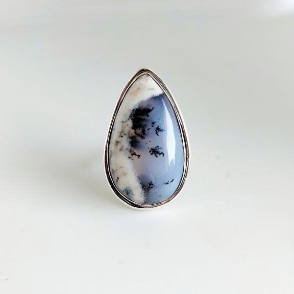 White Dendritic Opal Ring-377