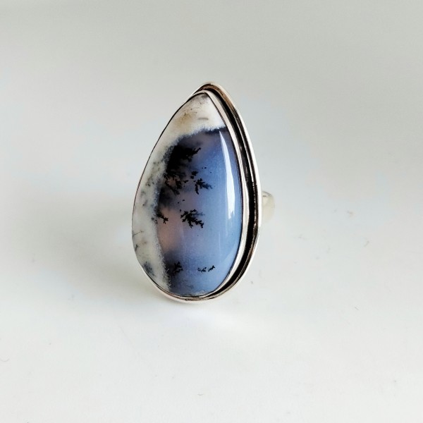 White Dendritic Opal Ring-377