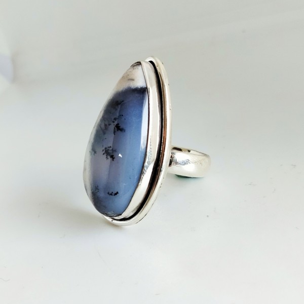 White Dendritic Opal Ring-377