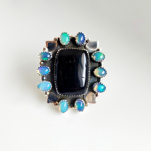 Black Onyx,Opal Ring RING-546