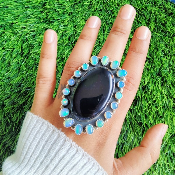 Black Onyx,Ethiopian Opal Ring Ring-553