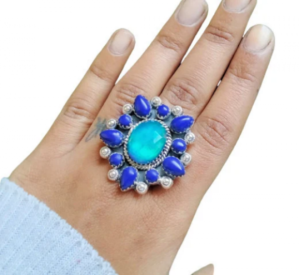 Aurora Opal and Lapis Lazuli Ring 925 Sterling Silver MJ_SKU_214