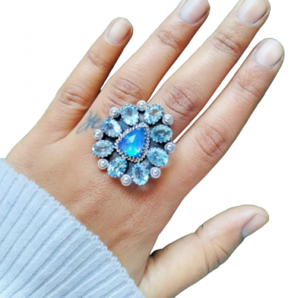 Aurora Opal with Blue Topaz Ring 925 Sterling Silver MJ_SKU_222