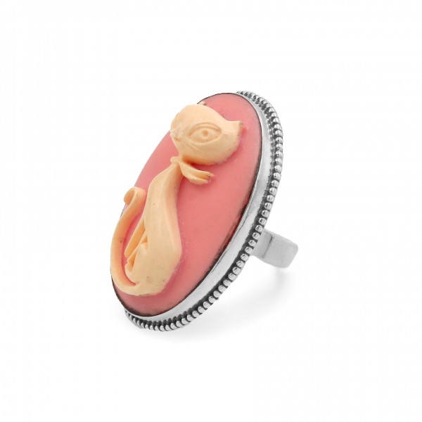 Pink Resin Cameo Kitty Cat Ring 925 Sterling Silver Hand Carved Ring-107