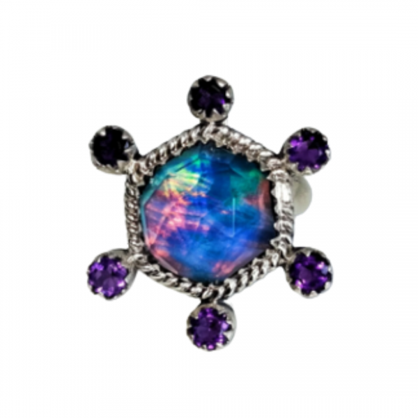 Aurora Opal with Amethyst Ring 925 Sterling Silver MJ_SKU_223